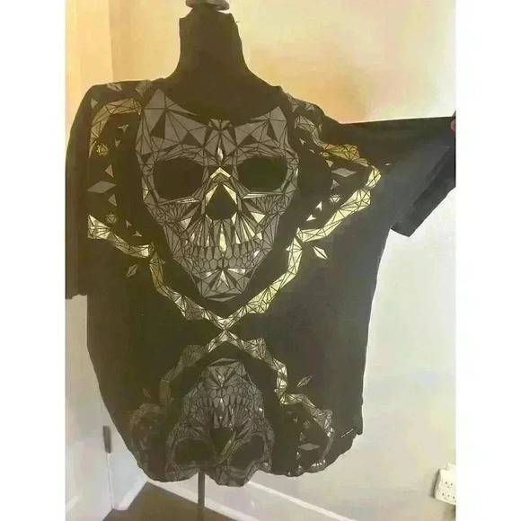 Vintage Authentic Sean‎ John Mens Dual Skulls 2XL Gold Black Studded T-Shirt - Picture 1 of 9